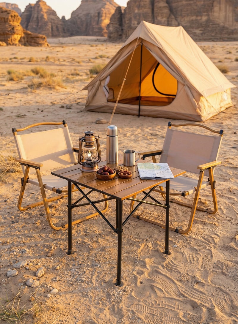 M-Smart 3-Piece Camping Set | Portable Folding Height-Adjustable Camping Table with Carrying Bag 53x51x80cm Brown, with 2 Beige Folding Chairs with Metal Frame and Armrest - Image 1